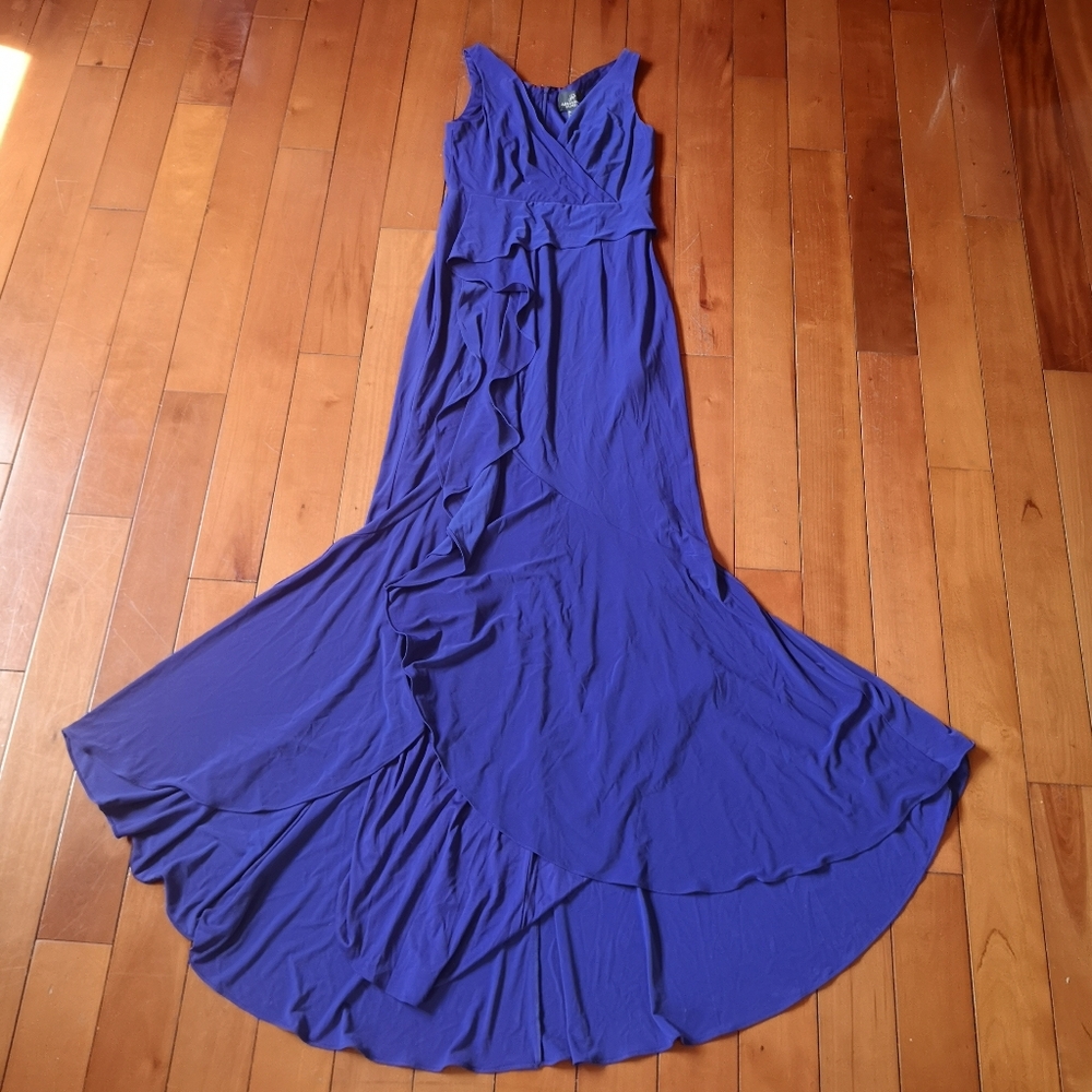 Blue Sleeveless V-neck Long Dress, Side Slit With Ruffle Edge, Lining, Zip Up